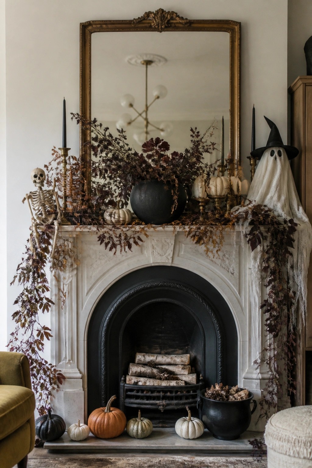 Elegant white fireplace mantel with skeleton, ghost, black pumpkins, and autumn garlands