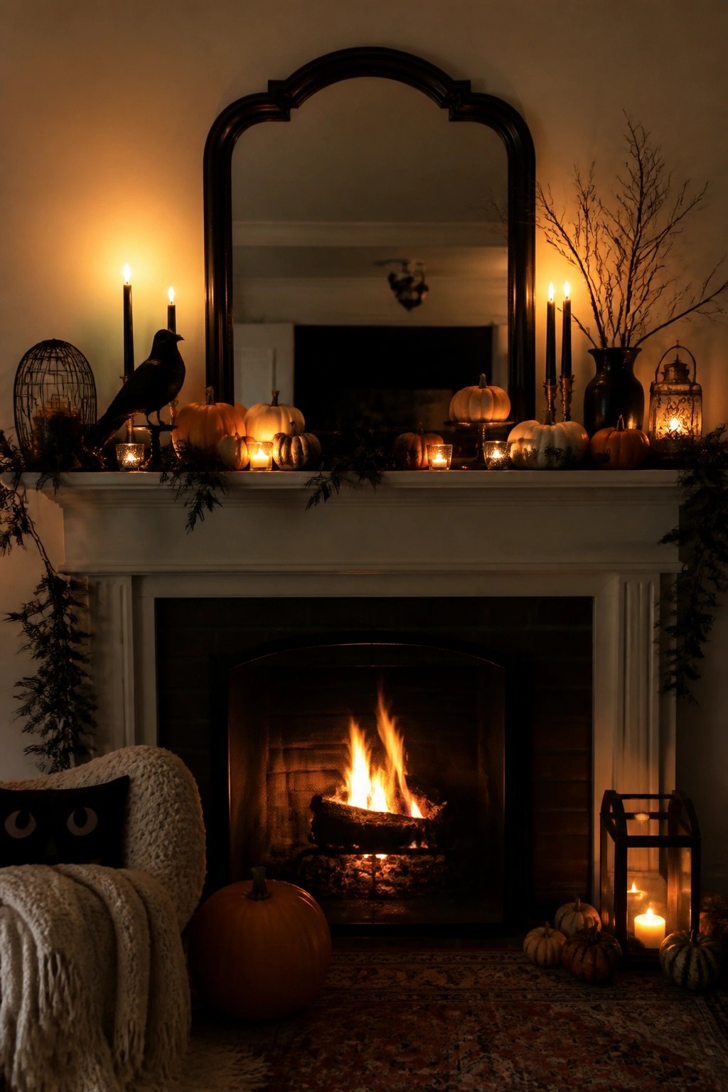 A white fireplace mantel decorated for Halloween with pumpkins in orange and white, black candles, a black crow figurine, and bare branches.