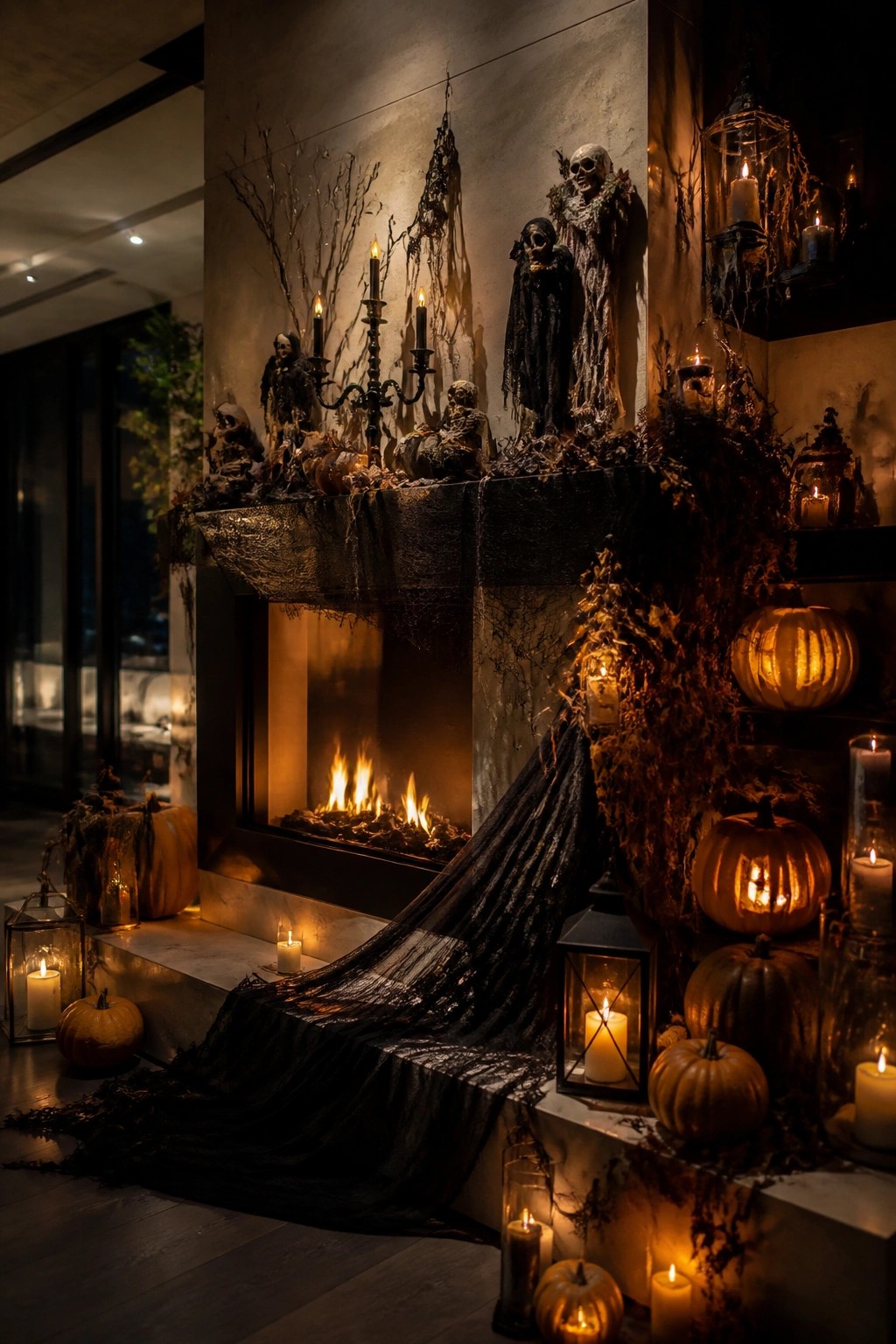 Fireplace mantel decorated with multiple skeletons in dark robes, black fabric draping down the front, and lit candles with pumpkins around the hearth.