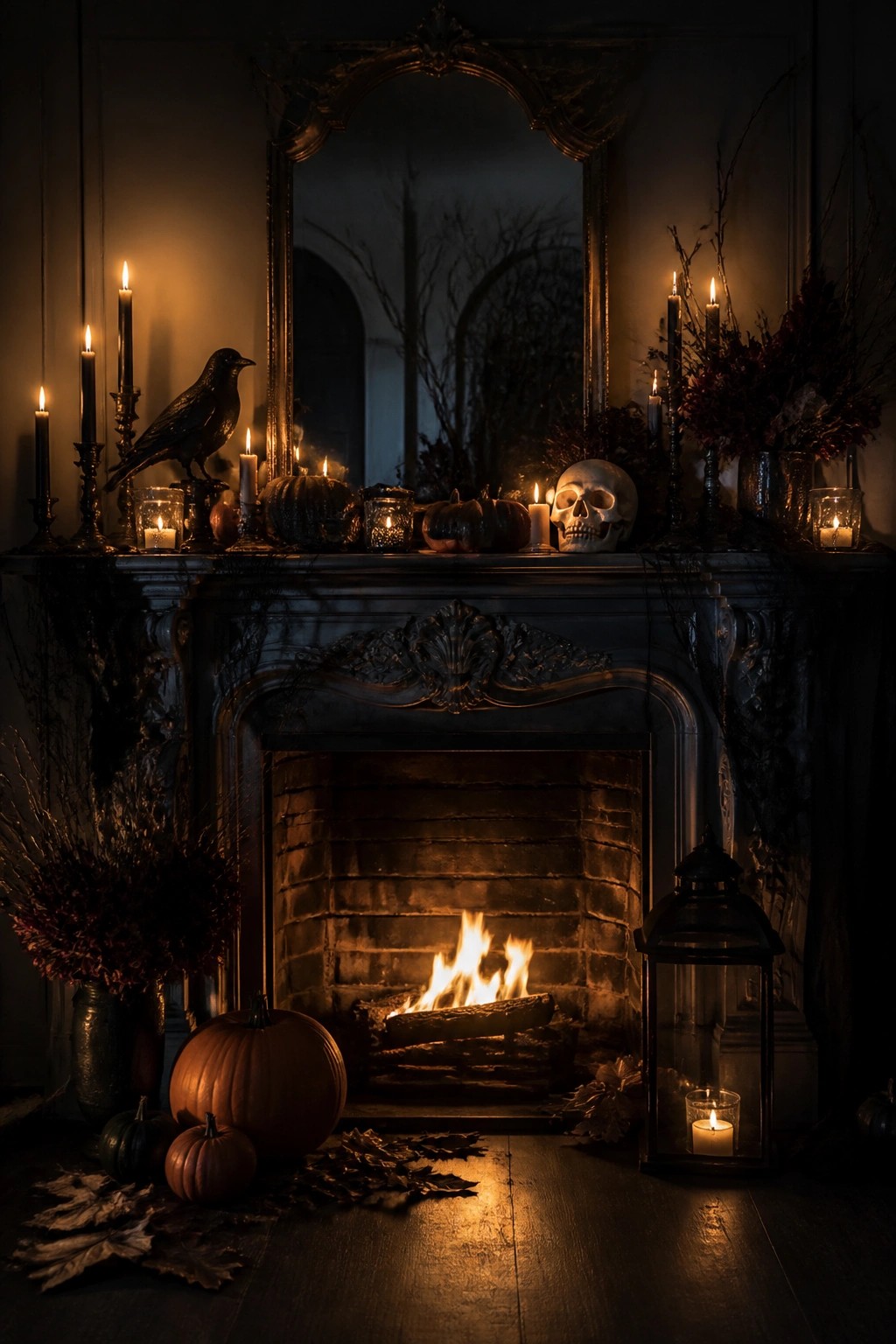 Ornate dark fireplace with skull, pumpkins, crow, candles on mantel and burning fire