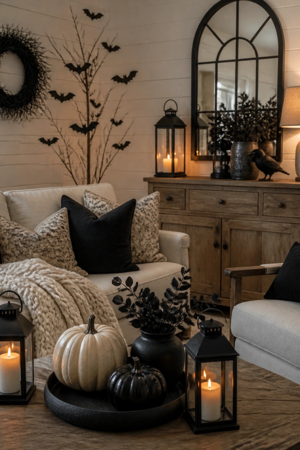 Living room corner with black paper bats arranged around bare branches on a white wall above a sofa with neutral pillows and a tray of white and black pumpkins.