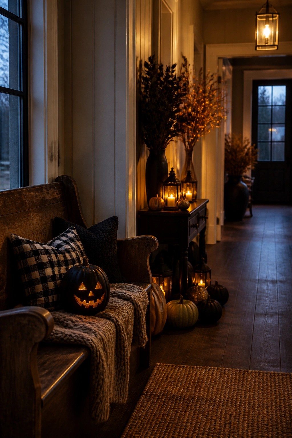 Cozy hallway with glowing jack-o'-lantern on wooden bench amid lanterns and pumpkins