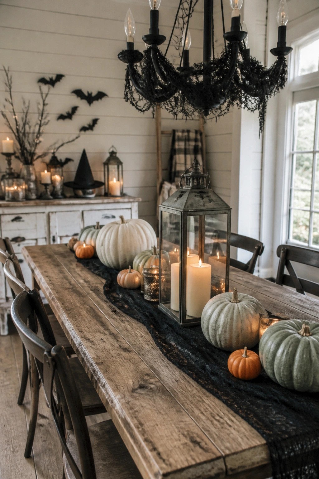Farmhouse dining table with black lace runner, mixed white and green pumpkins, and lit candles arranged for Halloween.