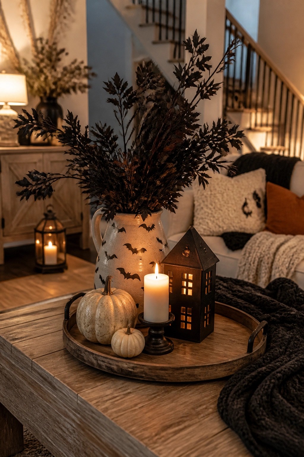 Rustic tray with bat-patterned pitcher, white pumpkins, lit candle, and house lantern
