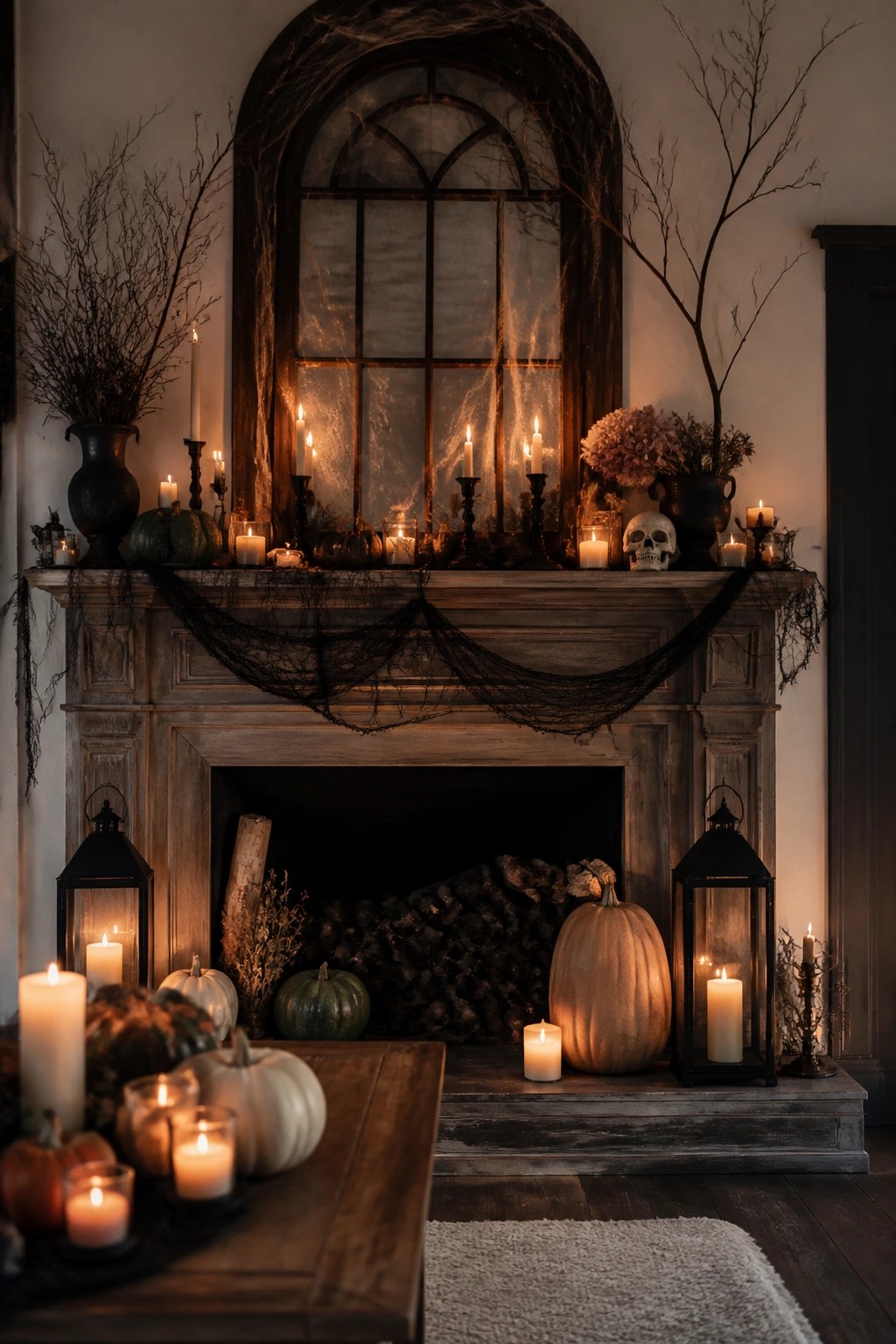 A rustic wooden fireplace mantel decorated with black spiderweb garland, lit candles in holders, pumpkins, and a skull.