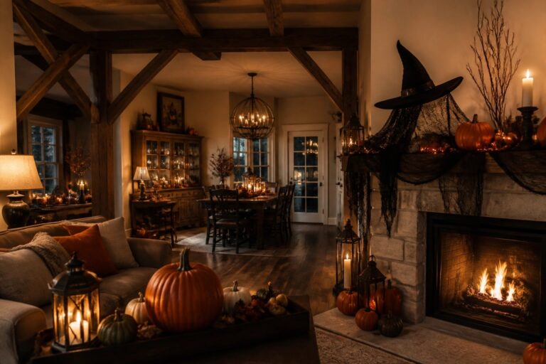 21 Cozy Indoor Farmhouse Halloween Decor Ideas to Embrace Fall Stone fireplace mantel lined with lit candles and small orange pumpkins in a large farmhouse living room.