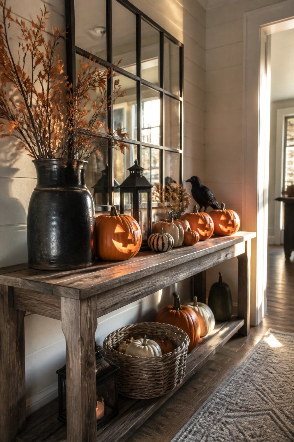 Entryway console table lined with carved jack-o'-lanterns, a black crow, and lanterns in a farmhouse style.