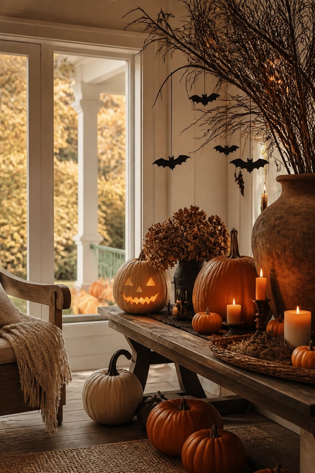 Indoor farmhouse nook with hanging black bats above carved jack o lanterns and candles on a wooden table.