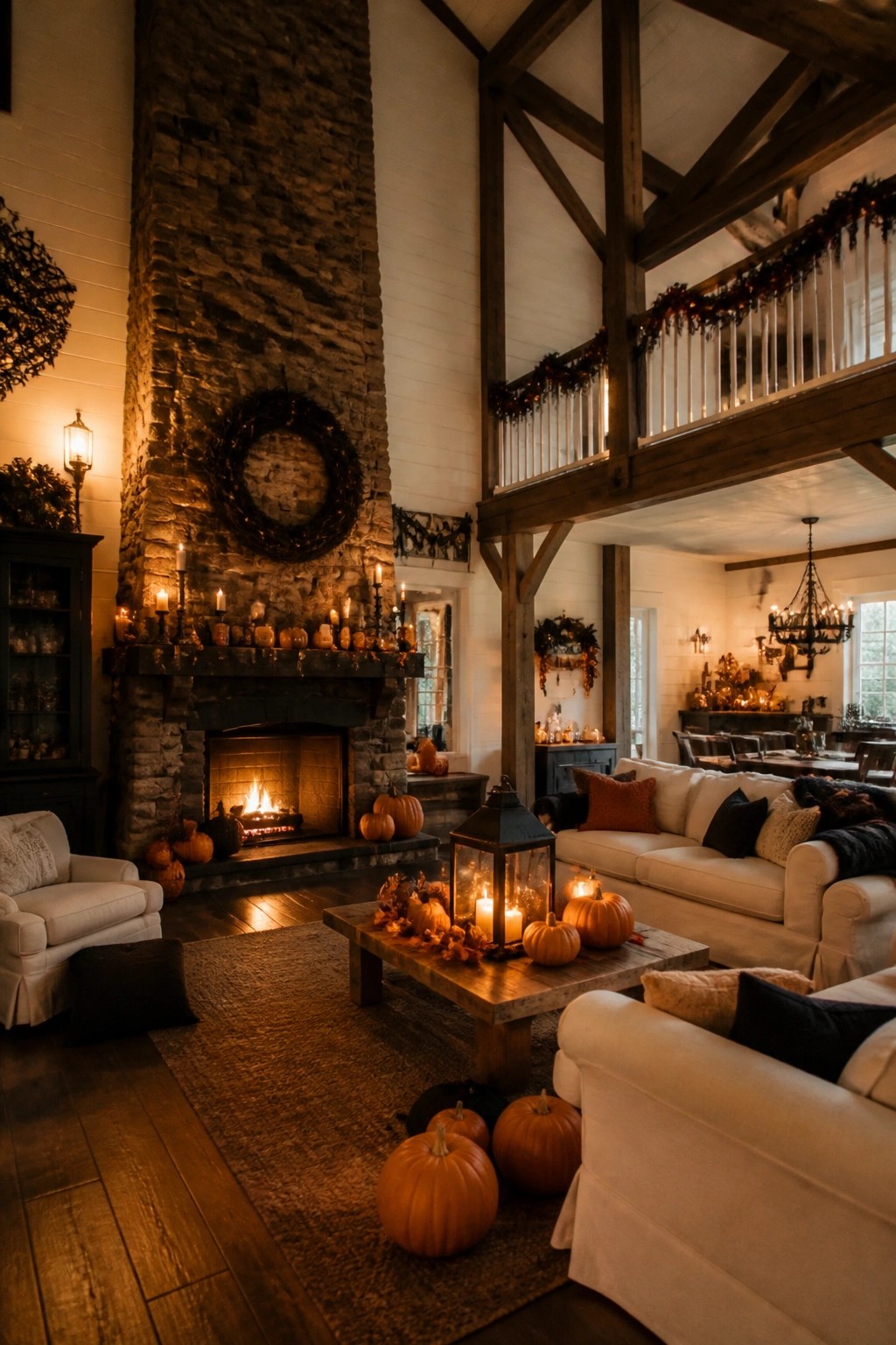 Stone fireplace mantel lined with lit candles and small orange pumpkins in a large farmhouse living room.
