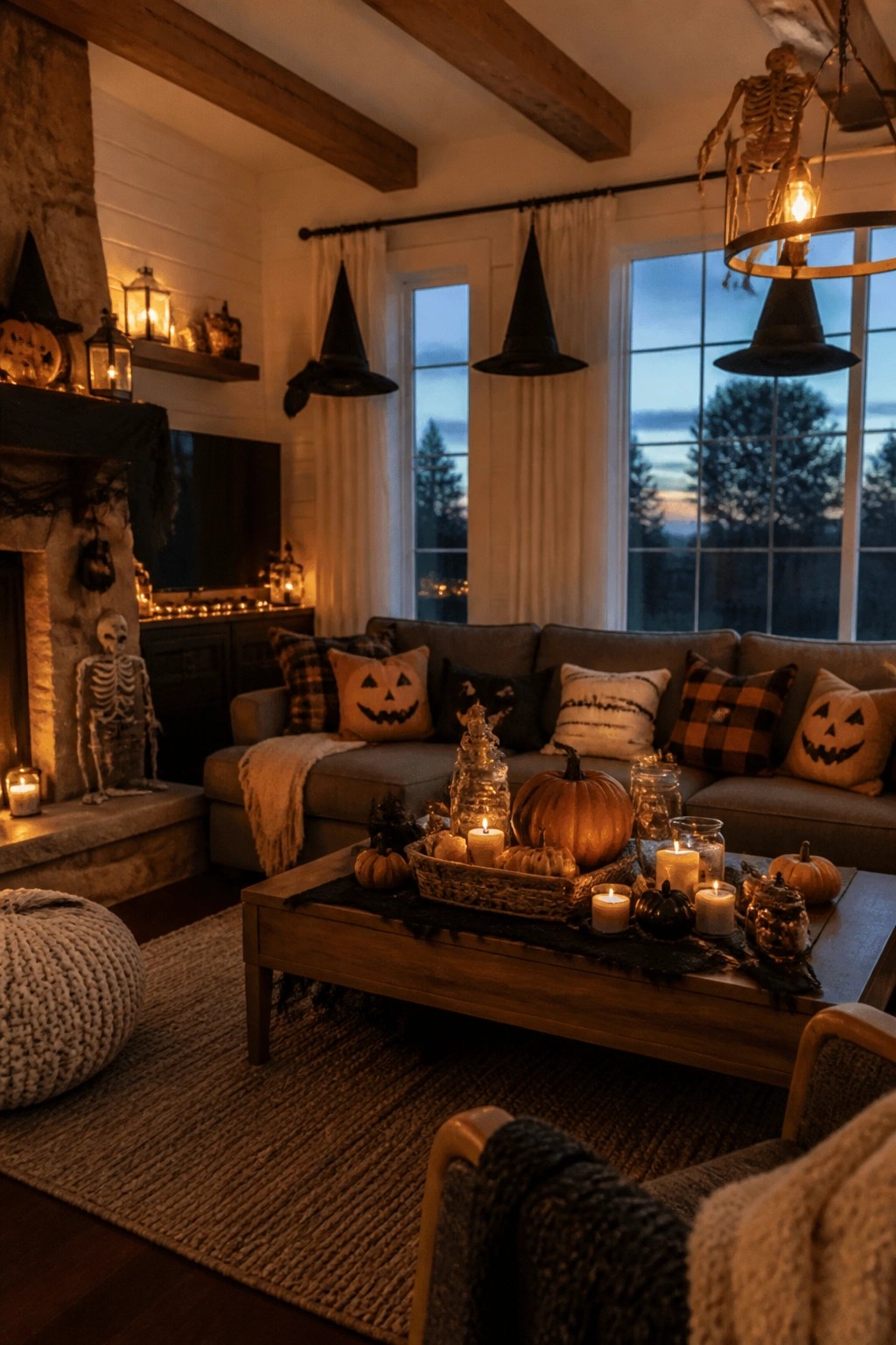 Cozy living room with Halloween pumpkins, candles, skeletons, witch hats, and glowing lanterns.