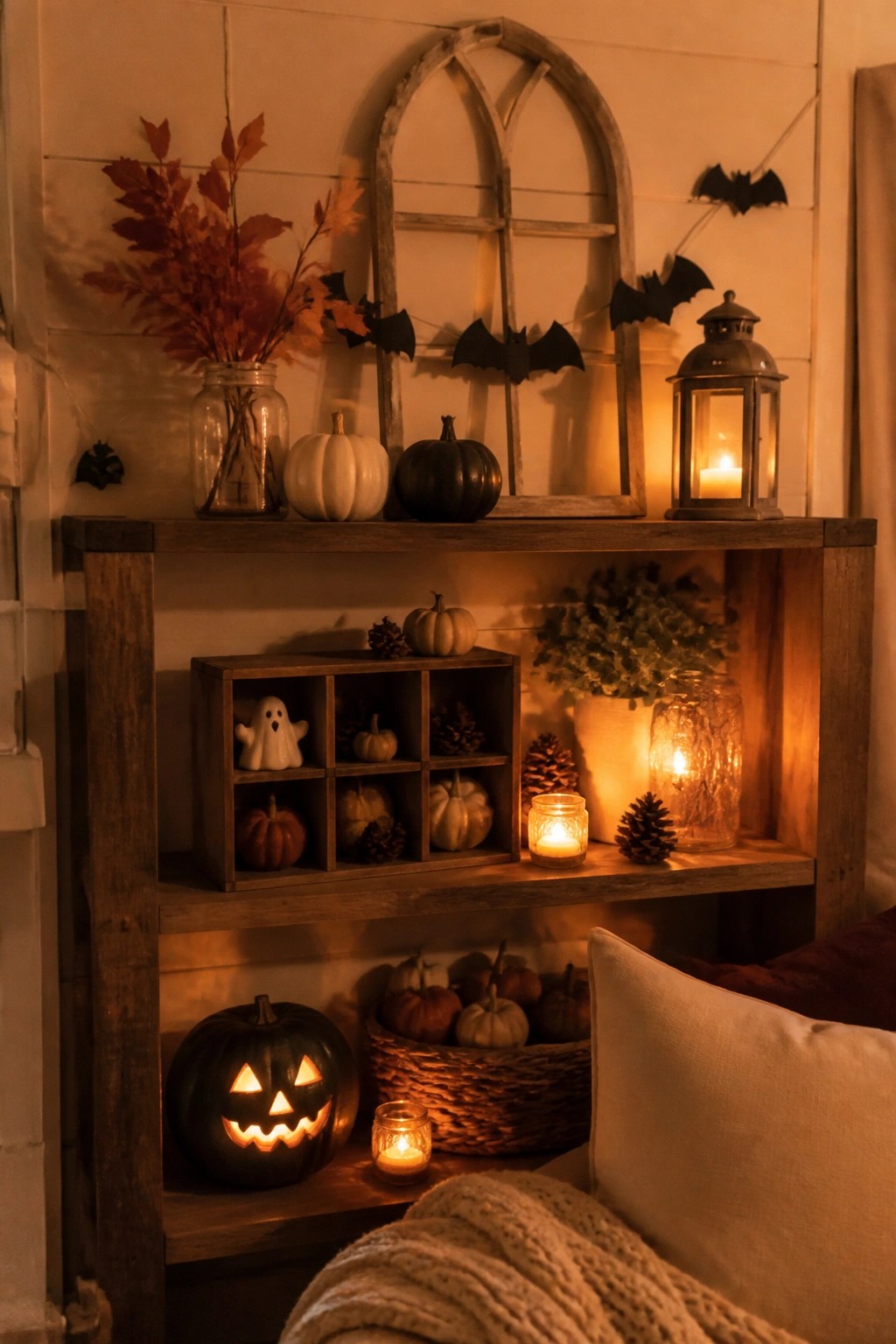 Wooden farmhouse shelves styled with black bat garlands, a carved jack o lantern, small pumpkins, a ghost figurine, and lit candles.