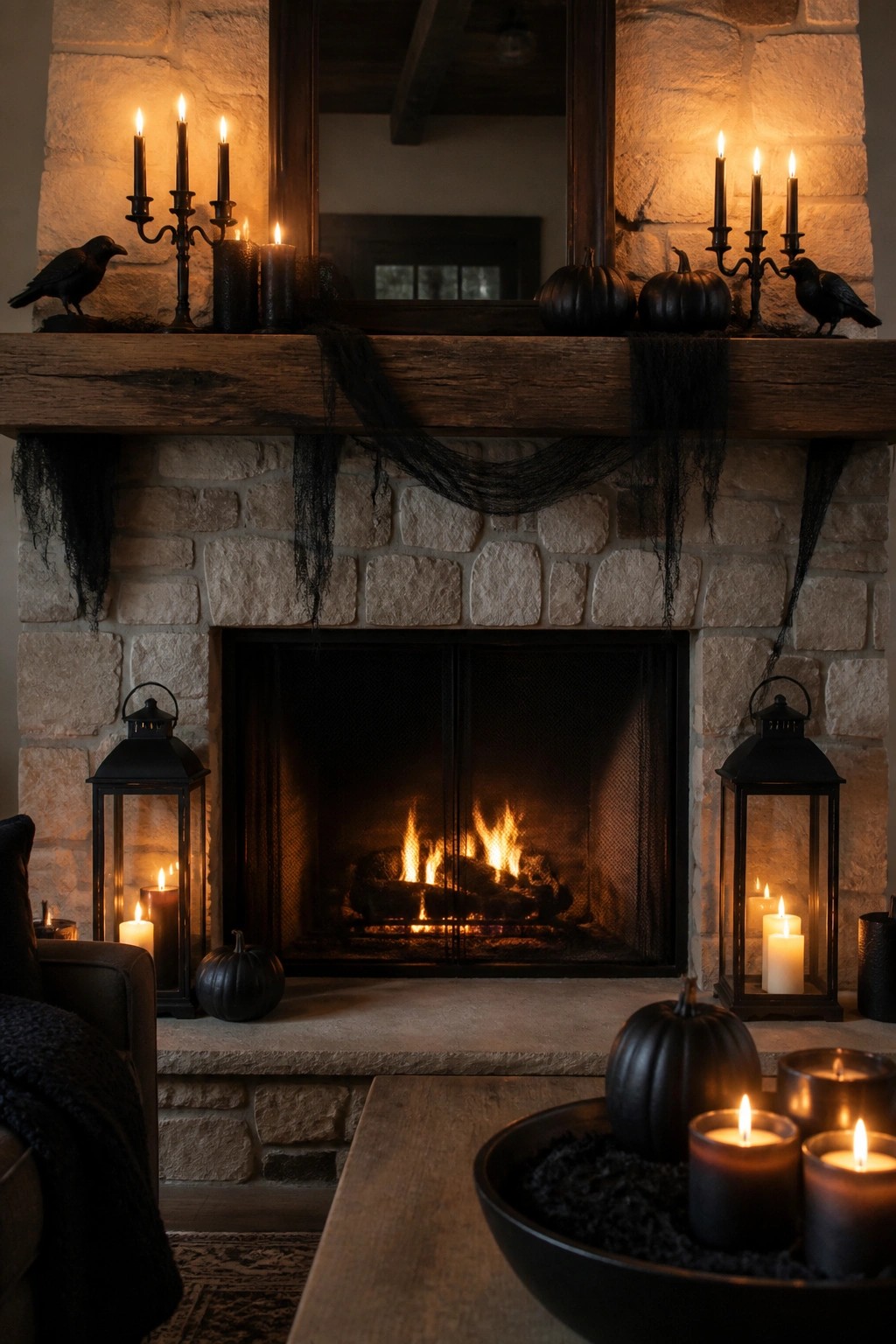 Stone fireplace mantel styled for Halloween with black crows, black pumpkins, lit candelabras, and black fabric draped across the wood beam.