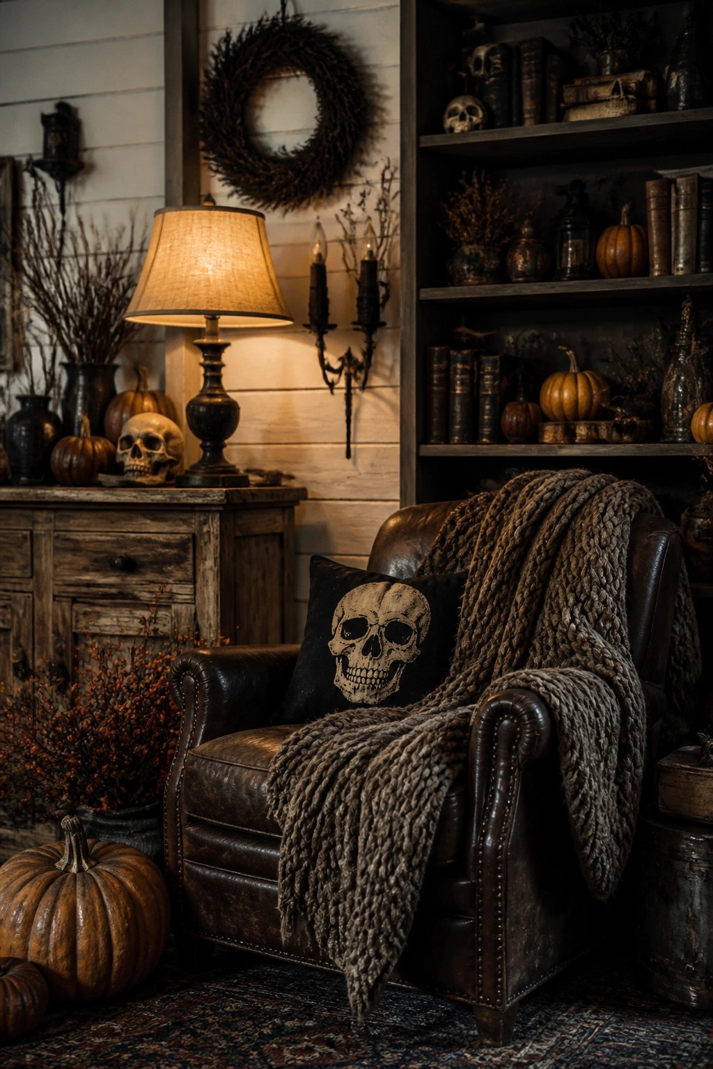 Leather armchair with a black skull pillow and chunky brown throw in a farmhouse living room decorated with pumpkins and skulls.