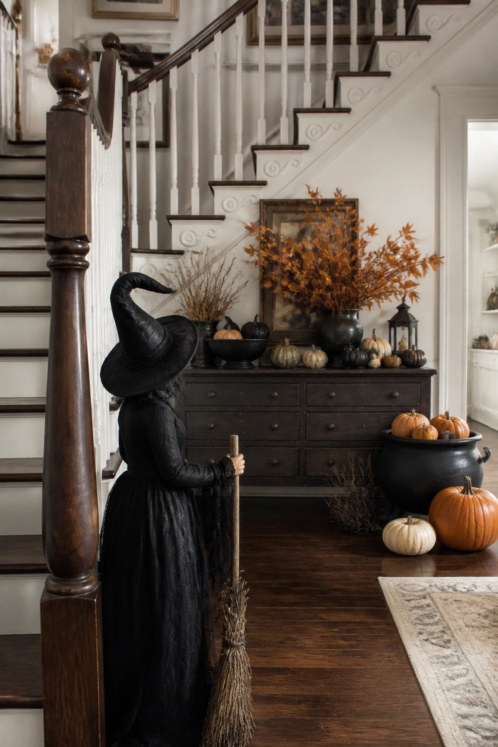 A witch figure in a black dress and pointed hat stands in a farmhouse entryway holding a broom, with pumpkins and autumn branches on a dark console table nearby.