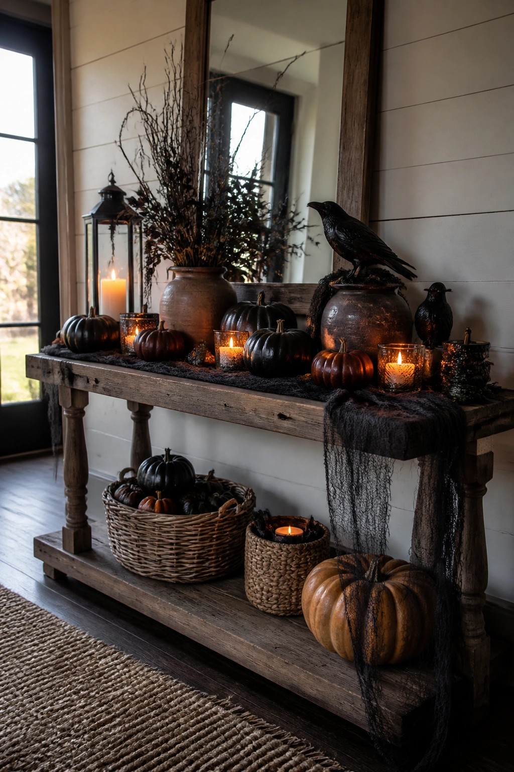 Wooden console table styled for Halloween with black crows, dark pumpkins, candles, and dried branches in front of a large mirror.