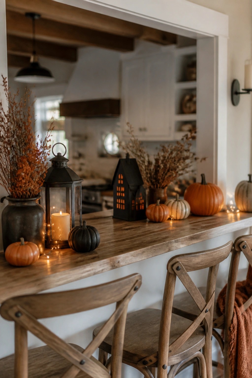 Rustic wooden kitchen counter with pumpkins, lanterns, dried flowers, and string lights