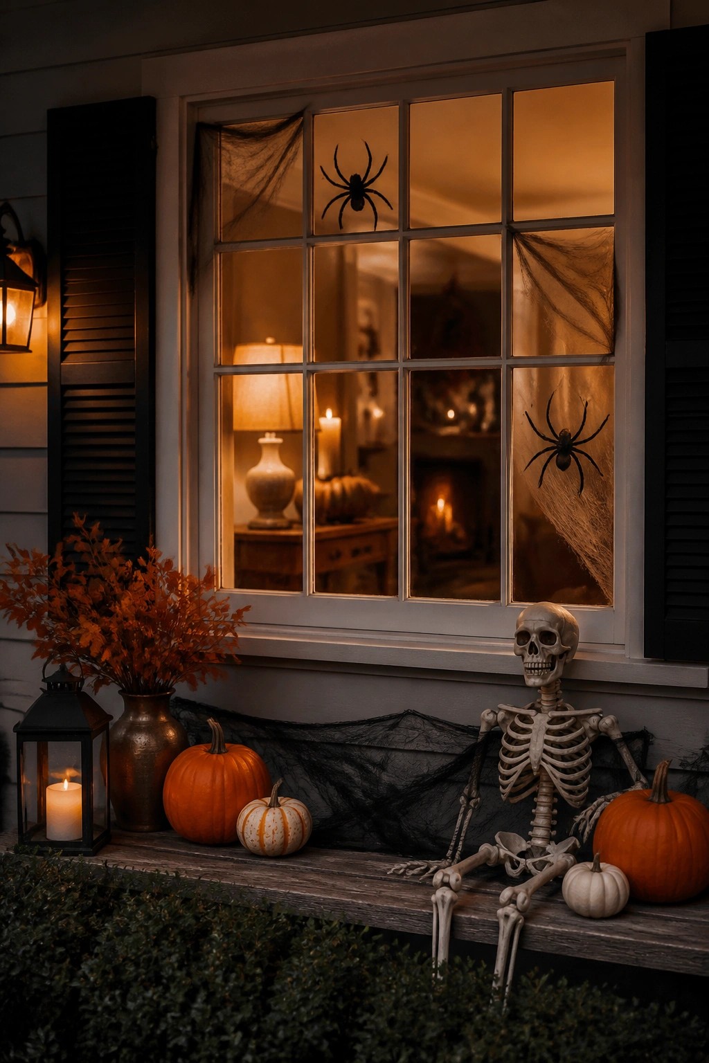 House window covered with black plastic spiders and fake spiderwebs on the glass, with a skeleton and pumpkins arranged on the sill below.