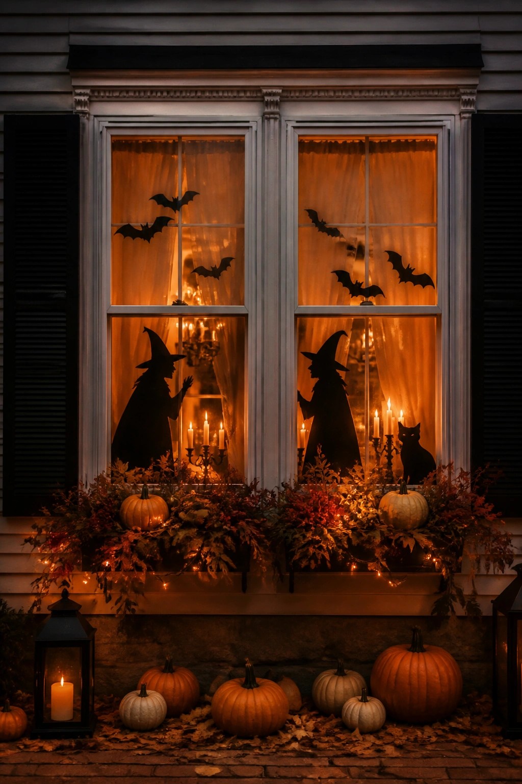 Halloween windows with witch silhouettes, bats, candles, pumpkins, and autumn leaves at night.