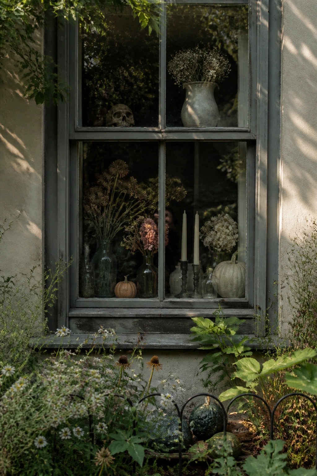 Old multi-pane window with a skull visible in the upper left pane, candles, dried flowers in glass bottles, and small pumpkins arranged on the sill.