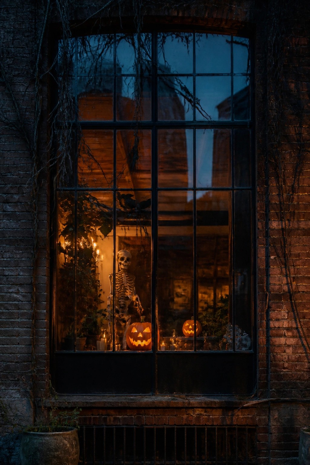 Large multi-paned window at night showing a skeleton standing among glowing jack-o'-lanterns and candles on the sill.