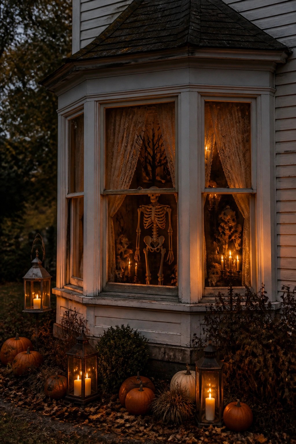 Skeleton in lace-curtained bay window with pumpkins, candles, and glowing lanterns at dusk