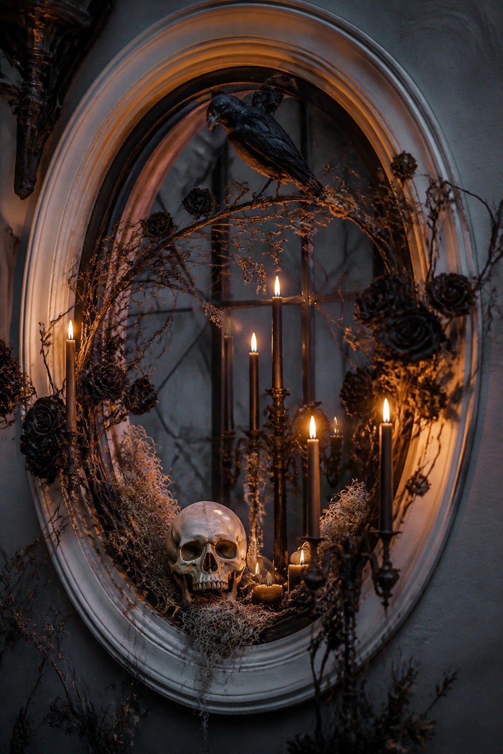 Oval window decorated with a skull, lit black candles, a black crow on branches, and dark roses.