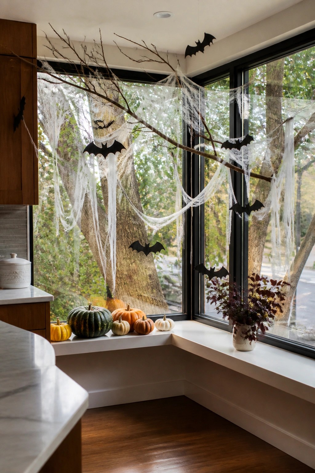 Halloween-decorated window with black bats, spiderwebs, branches, and colorful pumpkins on sill.