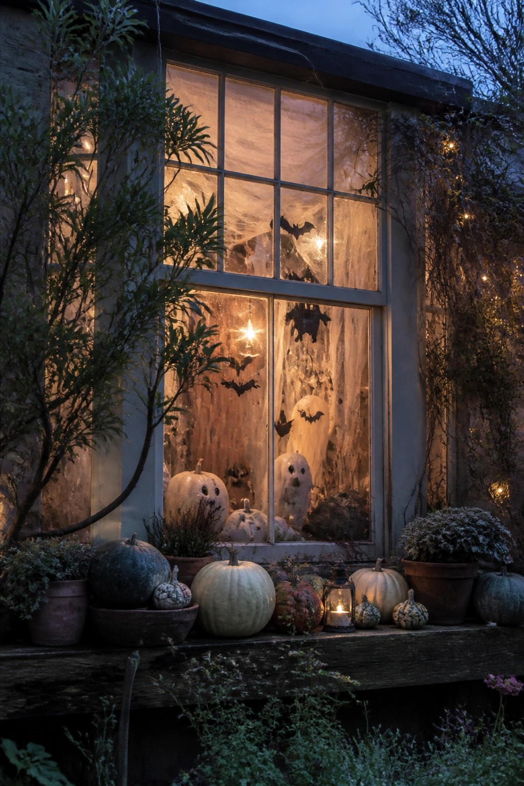 Halloween window with cobwebs, bats, ghosts, pumpkins, plants, and string lights at dusk