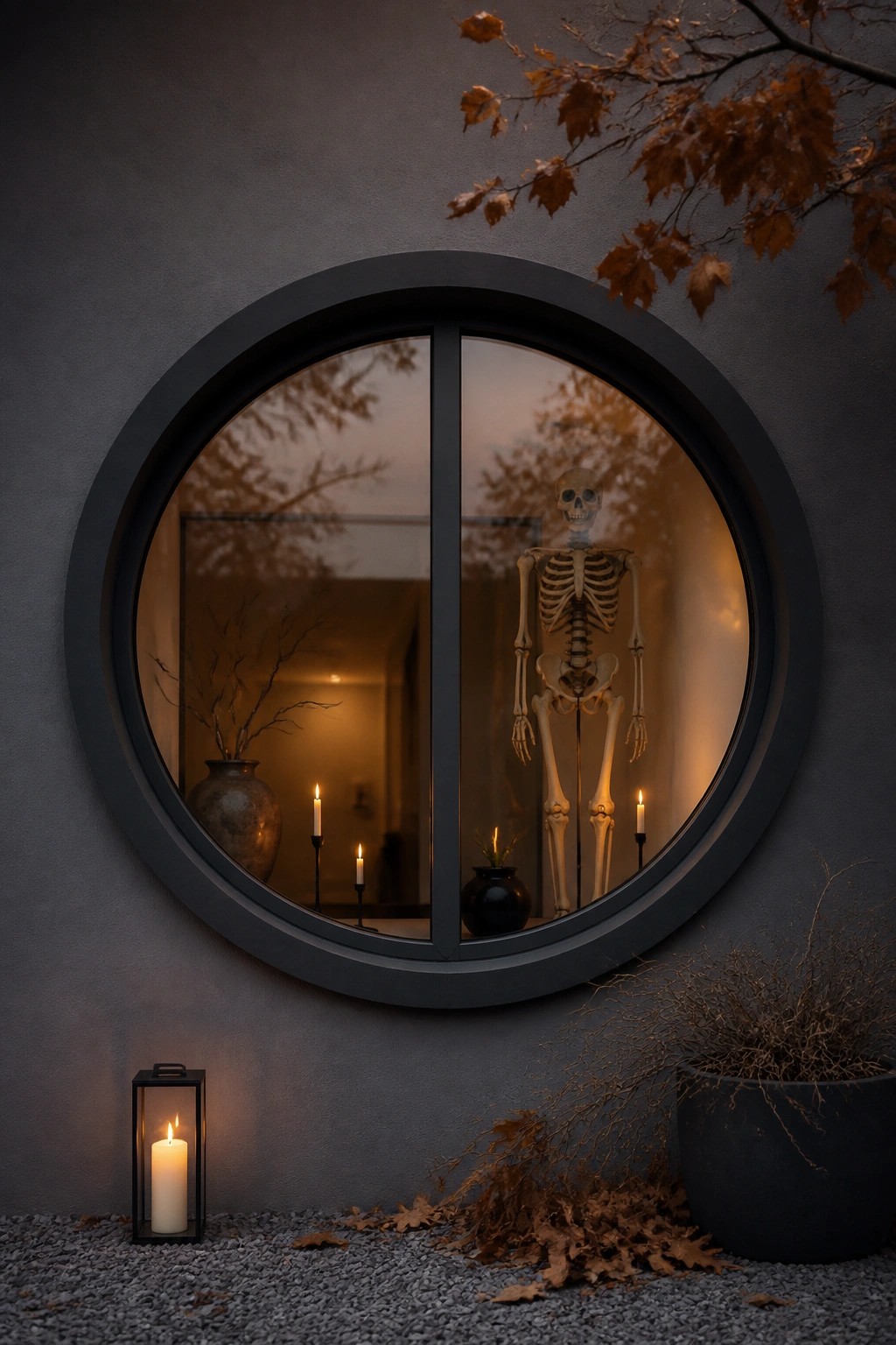 Round window with a skeleton standing inside, surrounded by a few lit candles.