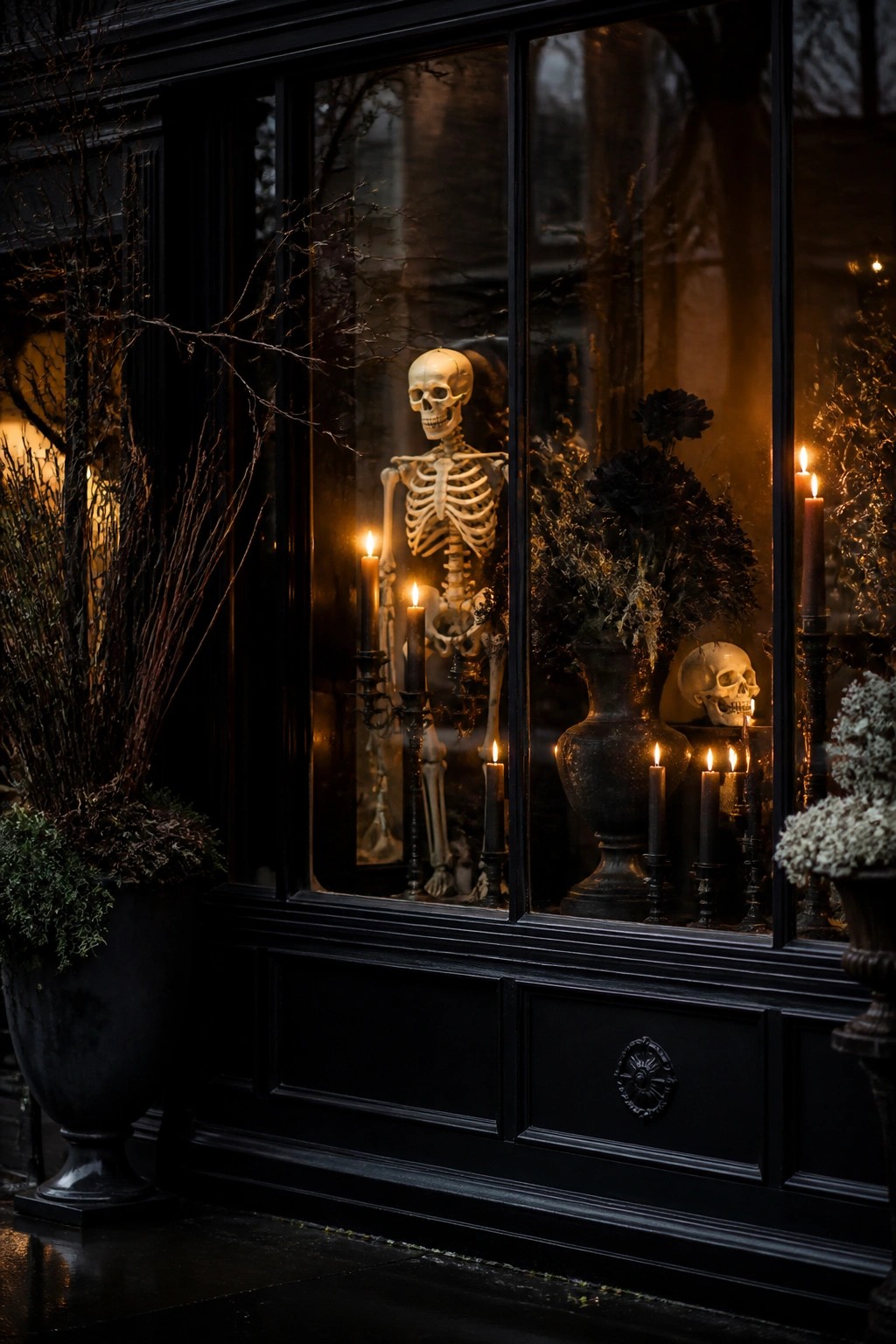 Large black window displaying a full standing skeleton with lit black candles and a skull in a dark vase.