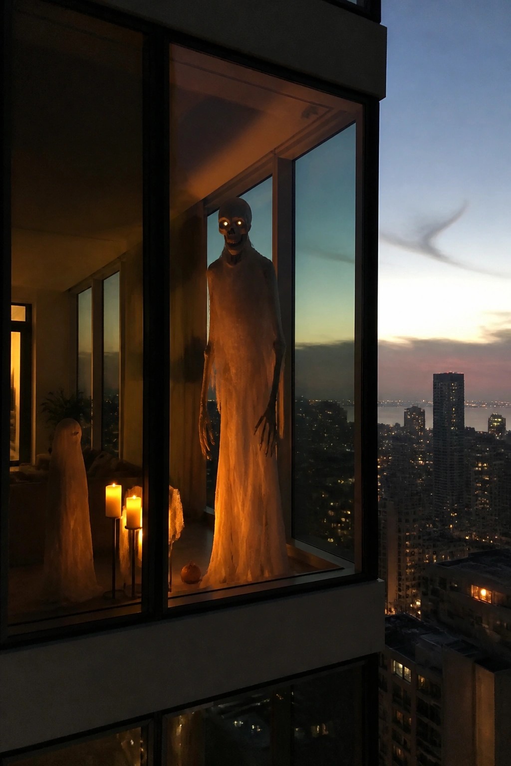 Tall ghost figure with skull face standing in an open high-rise window at dusk, with a second ghost and lit candles visible inside the apartment.