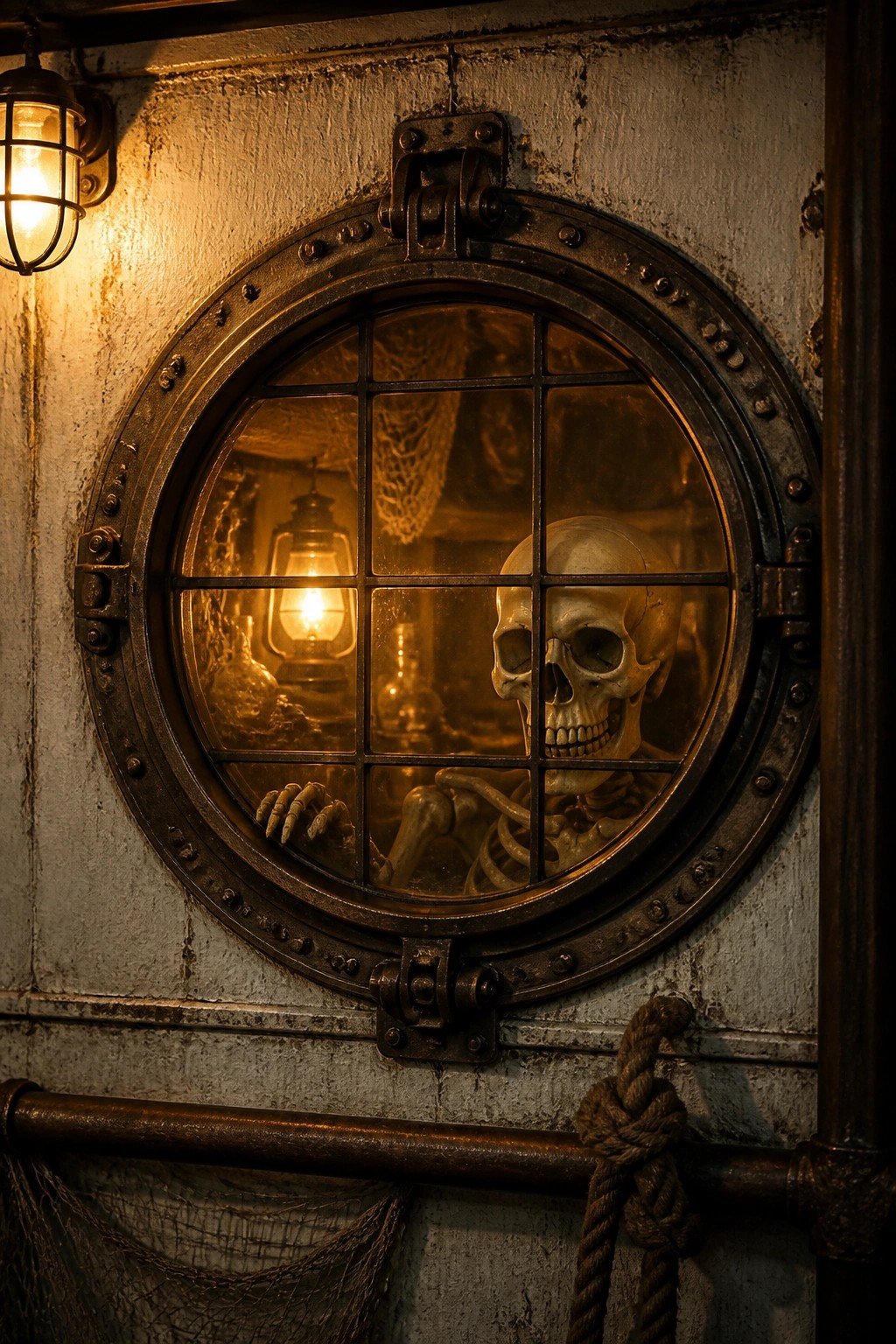 Skeleton peering through gridded porthole with hand on glass, lit by lantern.