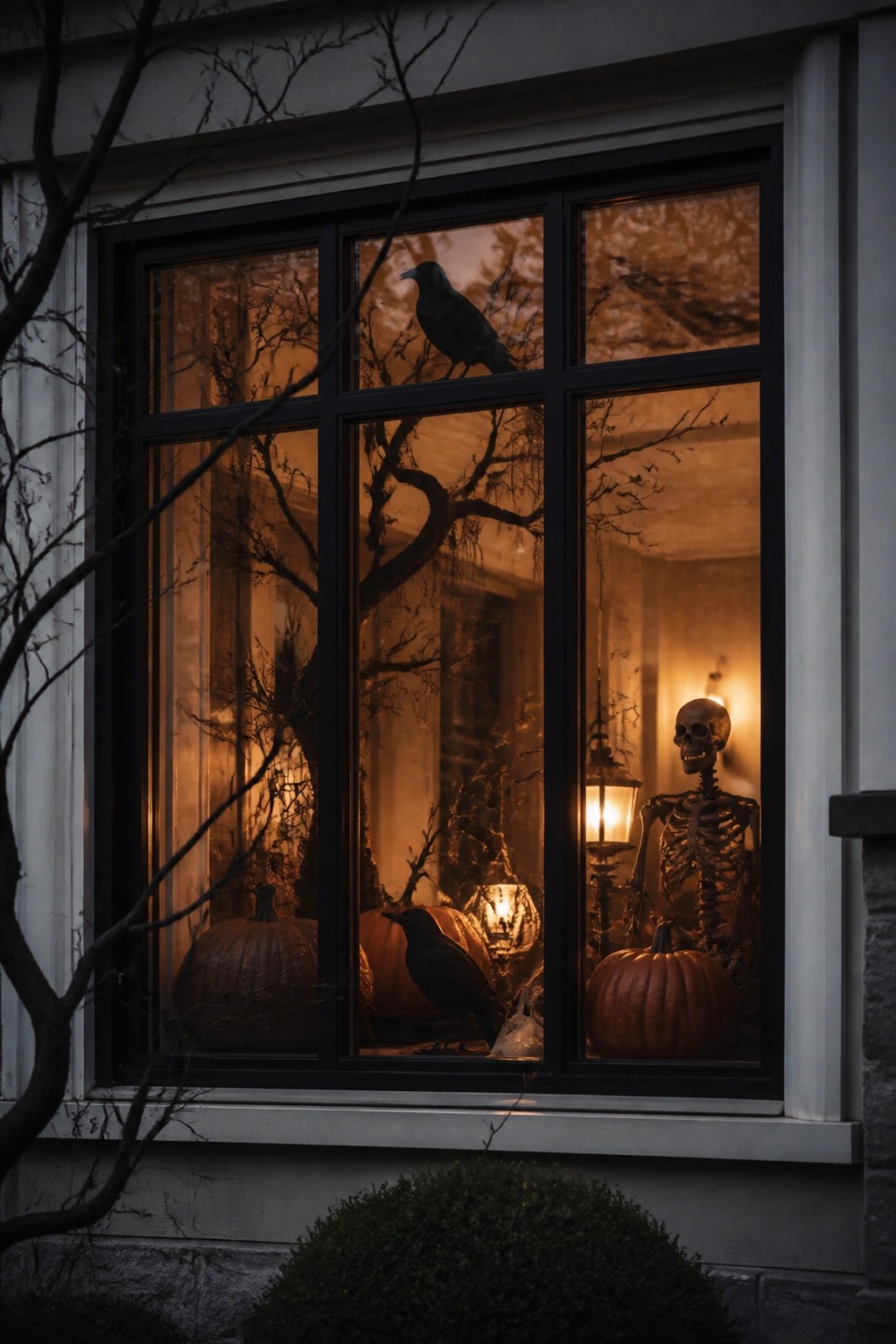 Halloween window with skeleton, pumpkins, black crows, bare branches, and warm lanterns.