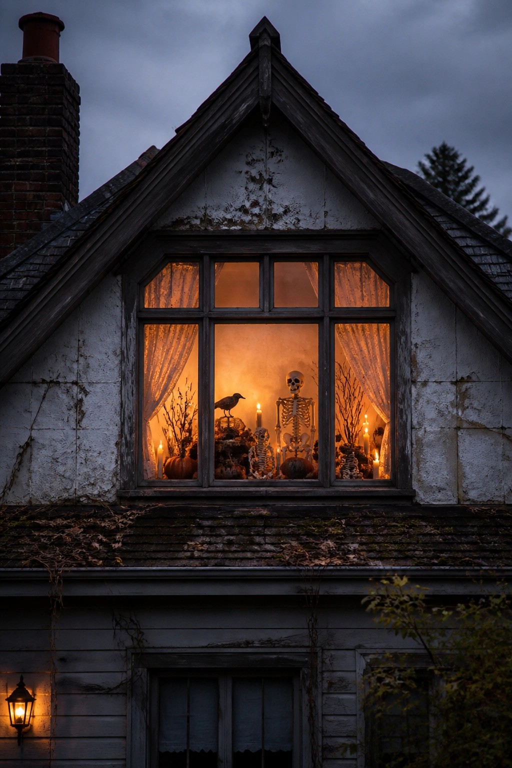 Skeleton with pumpkins and candles in glowing window of old house at dusk