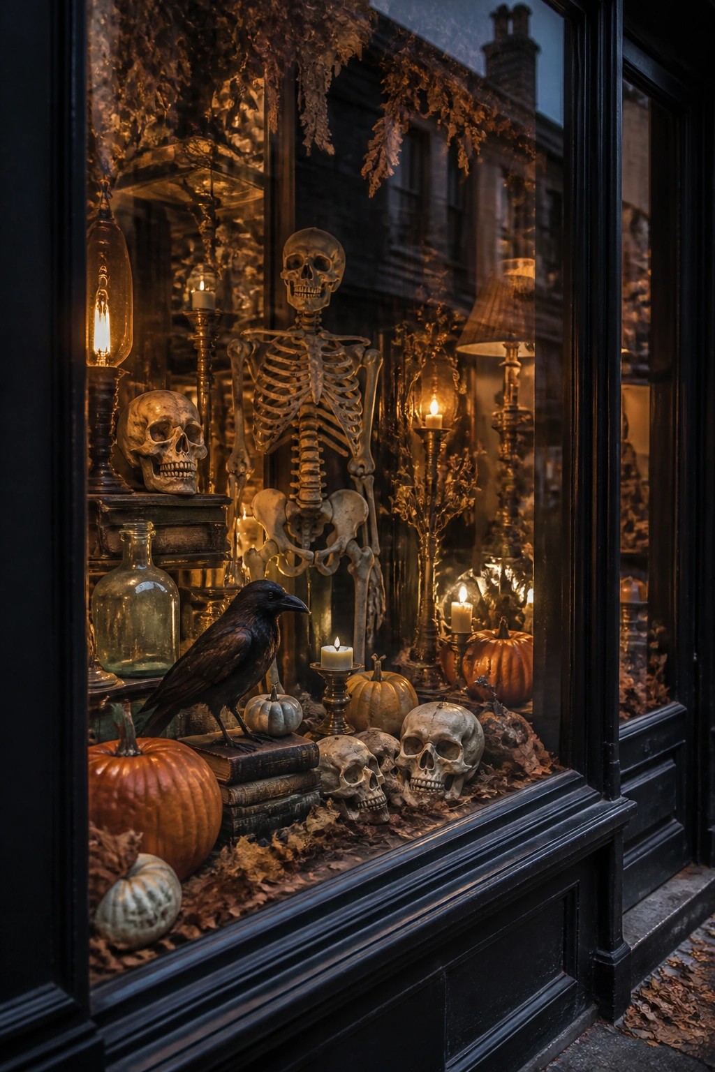 Shop window display featuring a standing skeleton surrounded by skulls, pumpkins, candles, and a black bird.