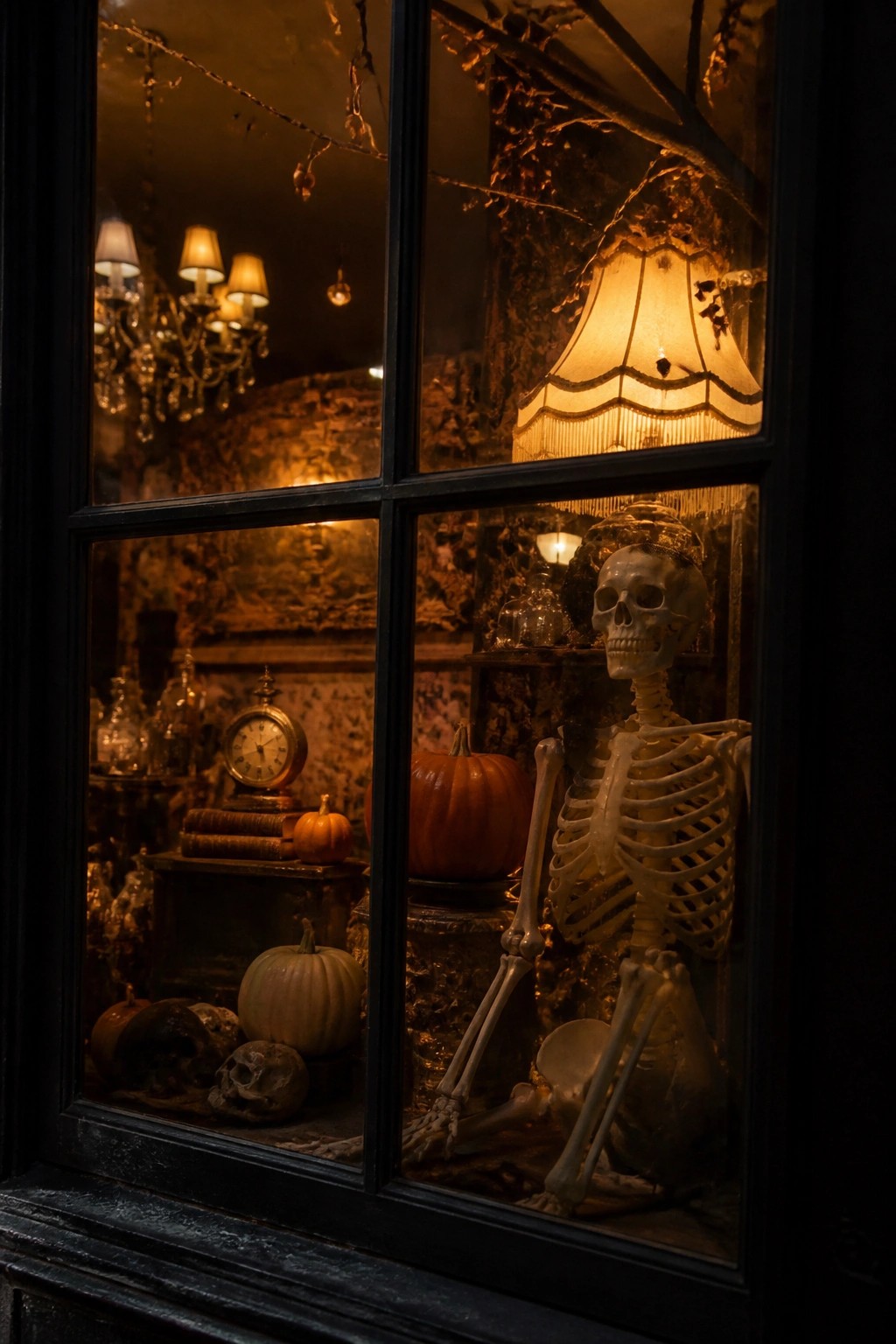 A skeleton posed sitting inside a dark window display surrounded by pumpkins, skulls, and warm lamps.