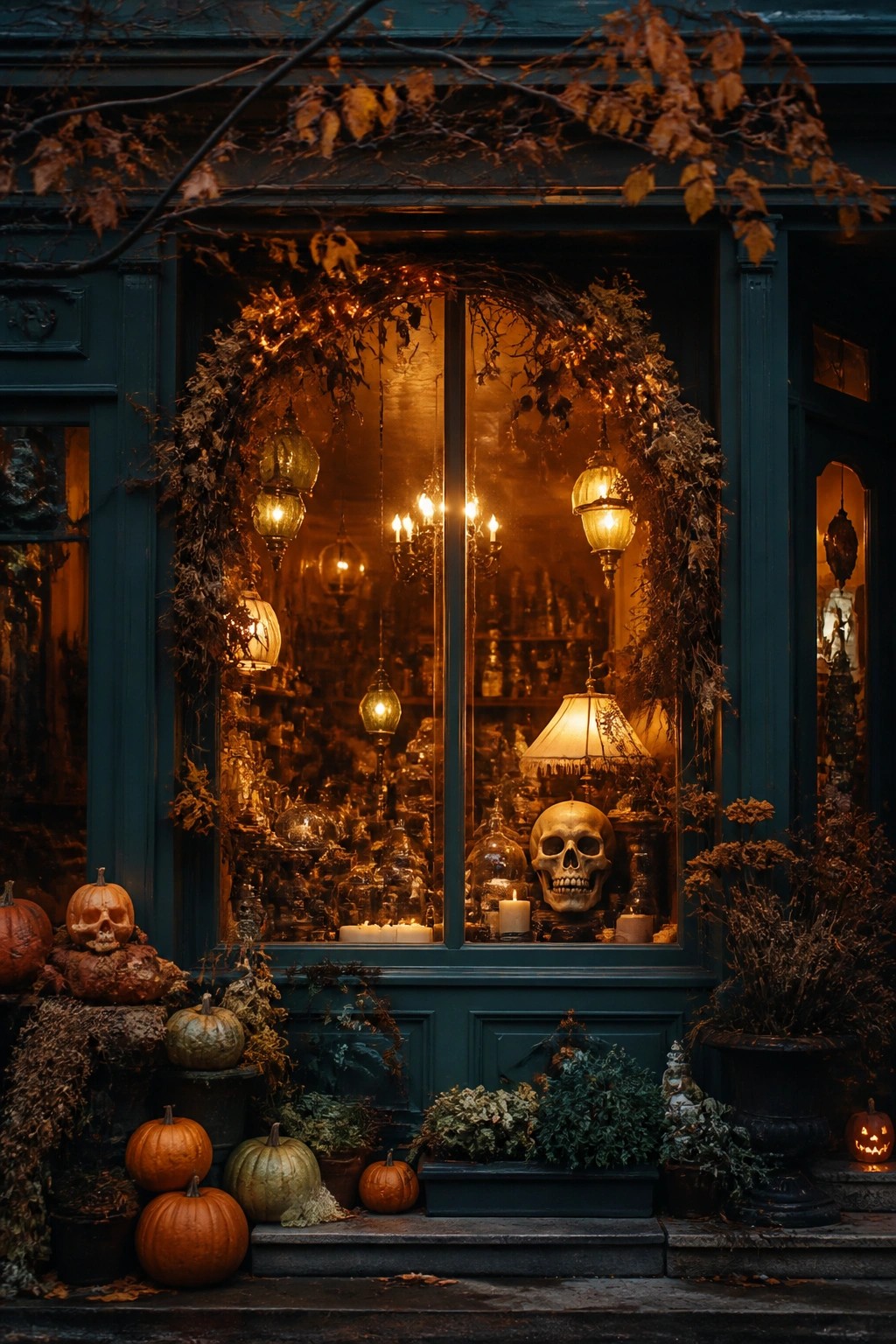 Dark green shop window glowing with lanterns, skull, candles, and autumn pumpkins.