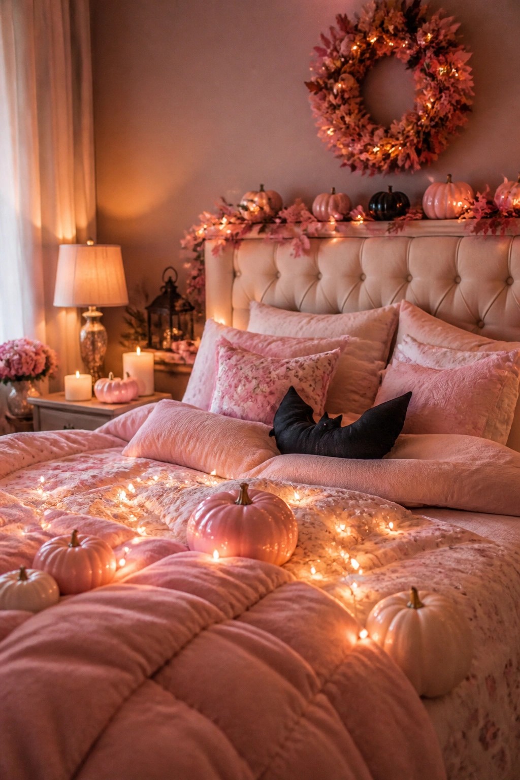 Bedroom with pink bedding and a black bat-shaped pillow placed among pastel pillows, accented by small pumpkins and string lights.