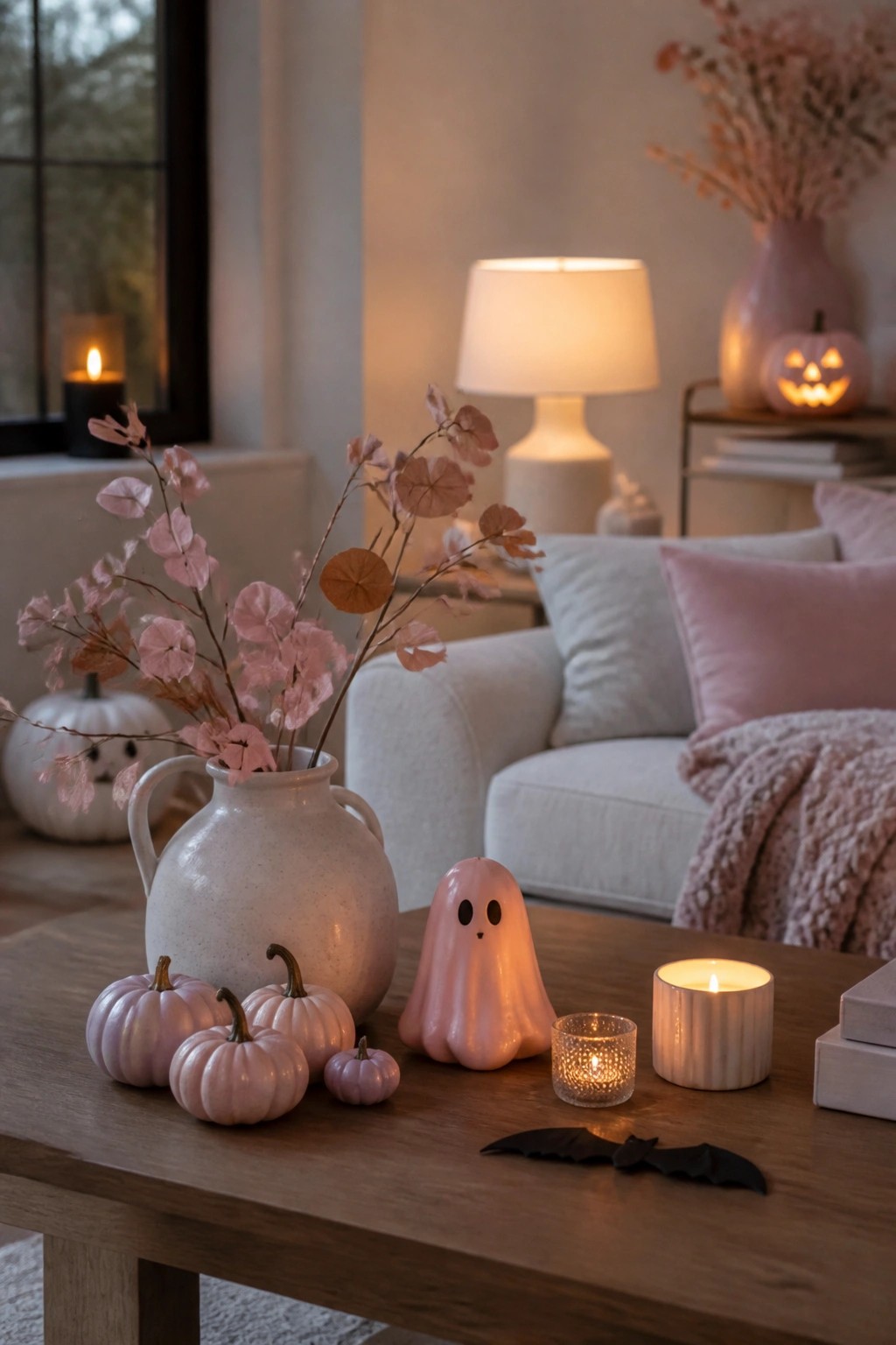 Pastel pink ghost figurine and mini pumpkins on wooden table with lit candles and florals