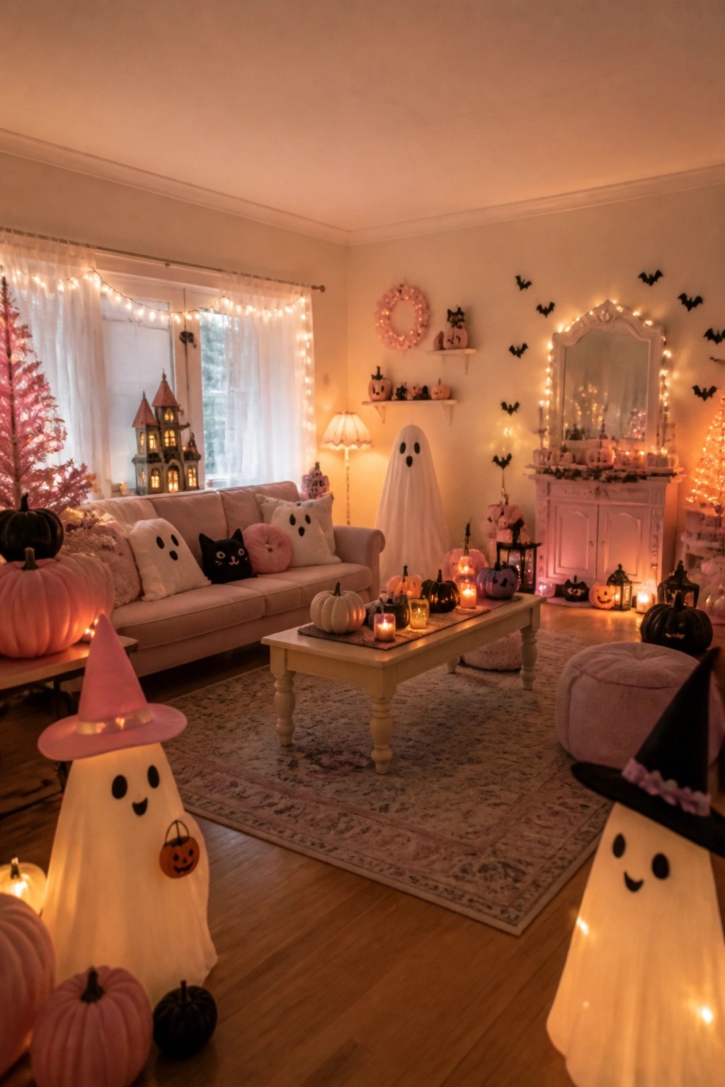 Living room with glowing white ghost figures wearing witch hats, black bats on the wall, and pastel pumpkins arranged around a sofa and coffee table.