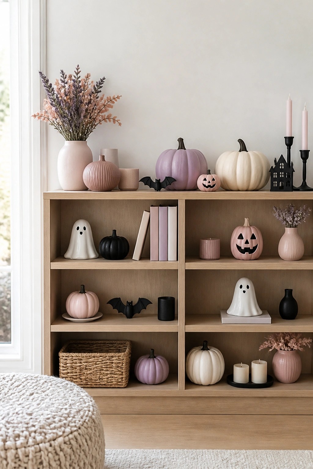 Light wood built-in shelves styled with white ghost figurines, pastel pumpkins, black bats, and small candles.