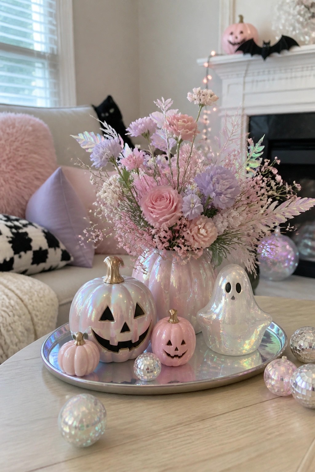 Coffee table tray with pastel pink and iridescent jack-o'-lantern pumpkins, a white ghost figurine, and small disco balls.