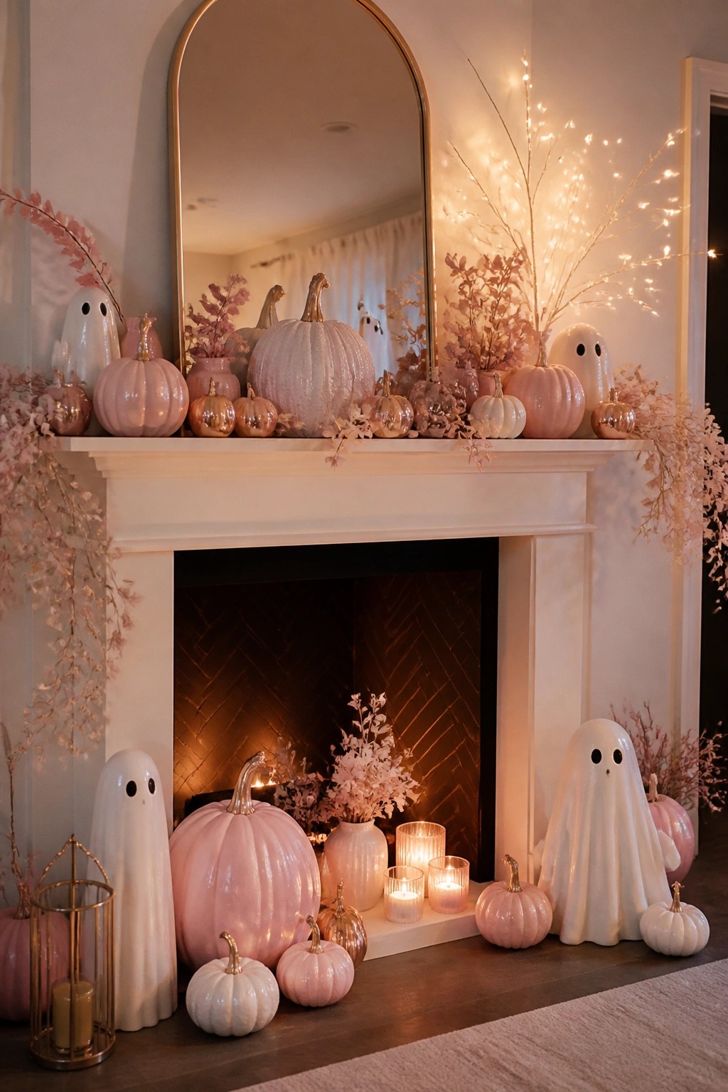 Pink pumpkins, white ghosts, and fairy lights decorate an elegant fireplace mantel.