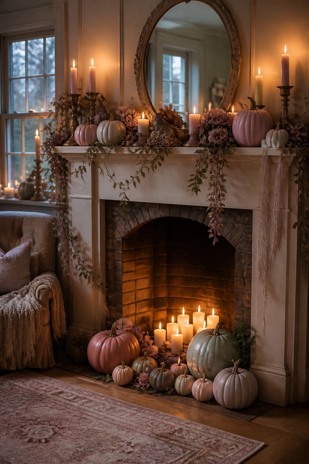 White fireplace mantel styled with pastel pink and white pumpkins, lit candles, and soft floral garlands.