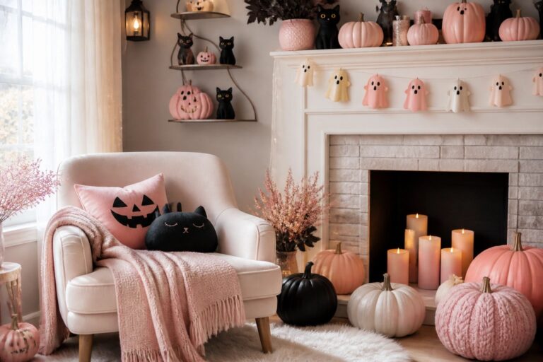 Pink tufted armchair with blanket beside shelves of pink pumpkins and lights.