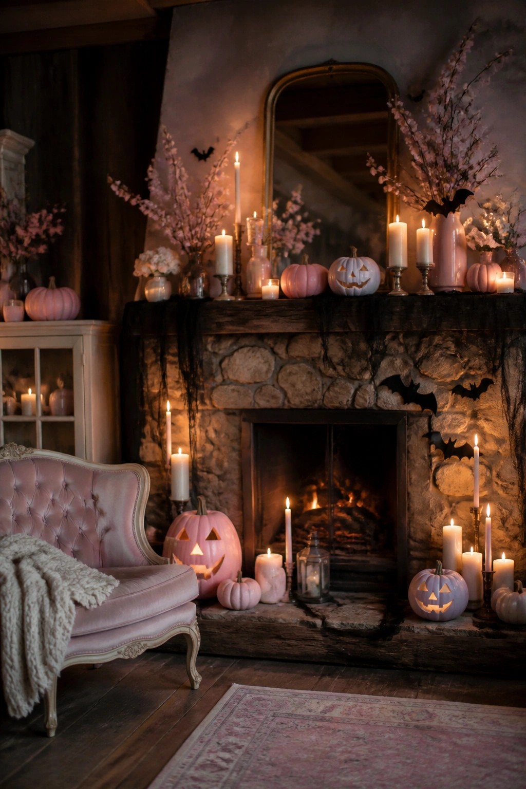 Stone fireplace mantel decorated with pastel pink and white carved jack o lanterns, black bats, and white candles.