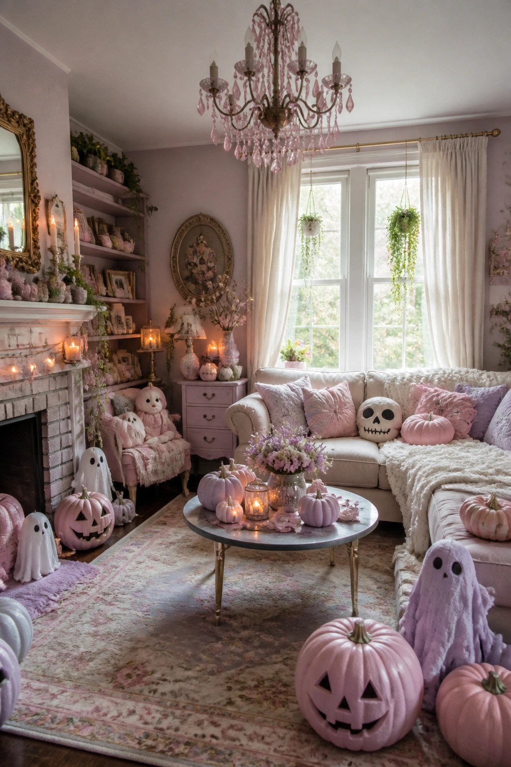 Living room with multiple pink and purple jack o lantern pumpkins, white and lavender ghost figures, a skull pillow, and soft pastel furniture.