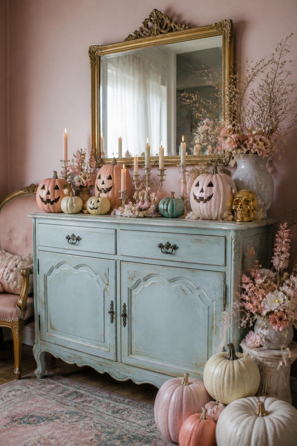 Light blue console table displaying several pink and white carved jack o lanterns with lit candles in holders, a gold skull, and soft pink flowers beneath an ornate mirror.