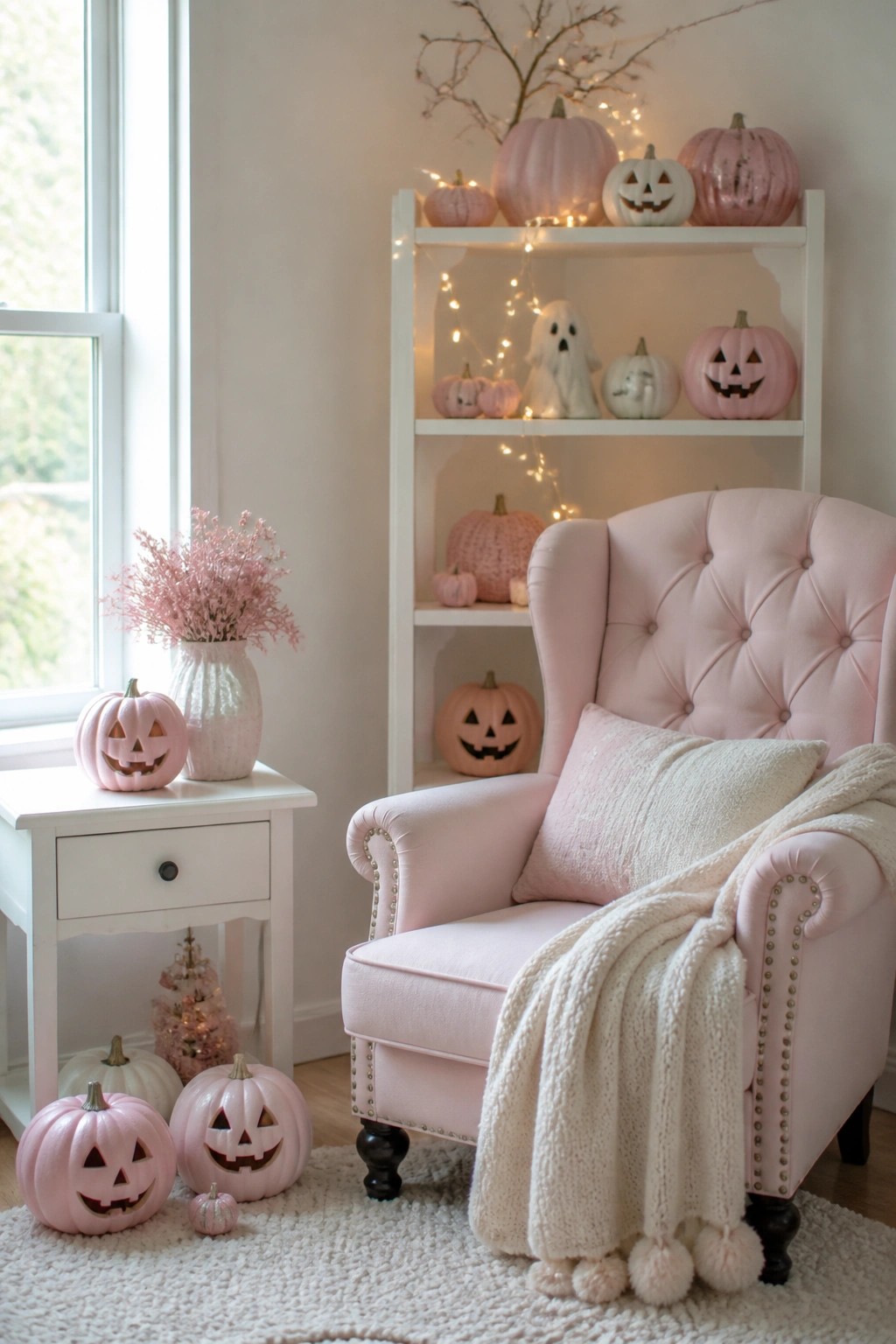 Pink tufted armchair with blanket beside shelves of pink pumpkins and lights.