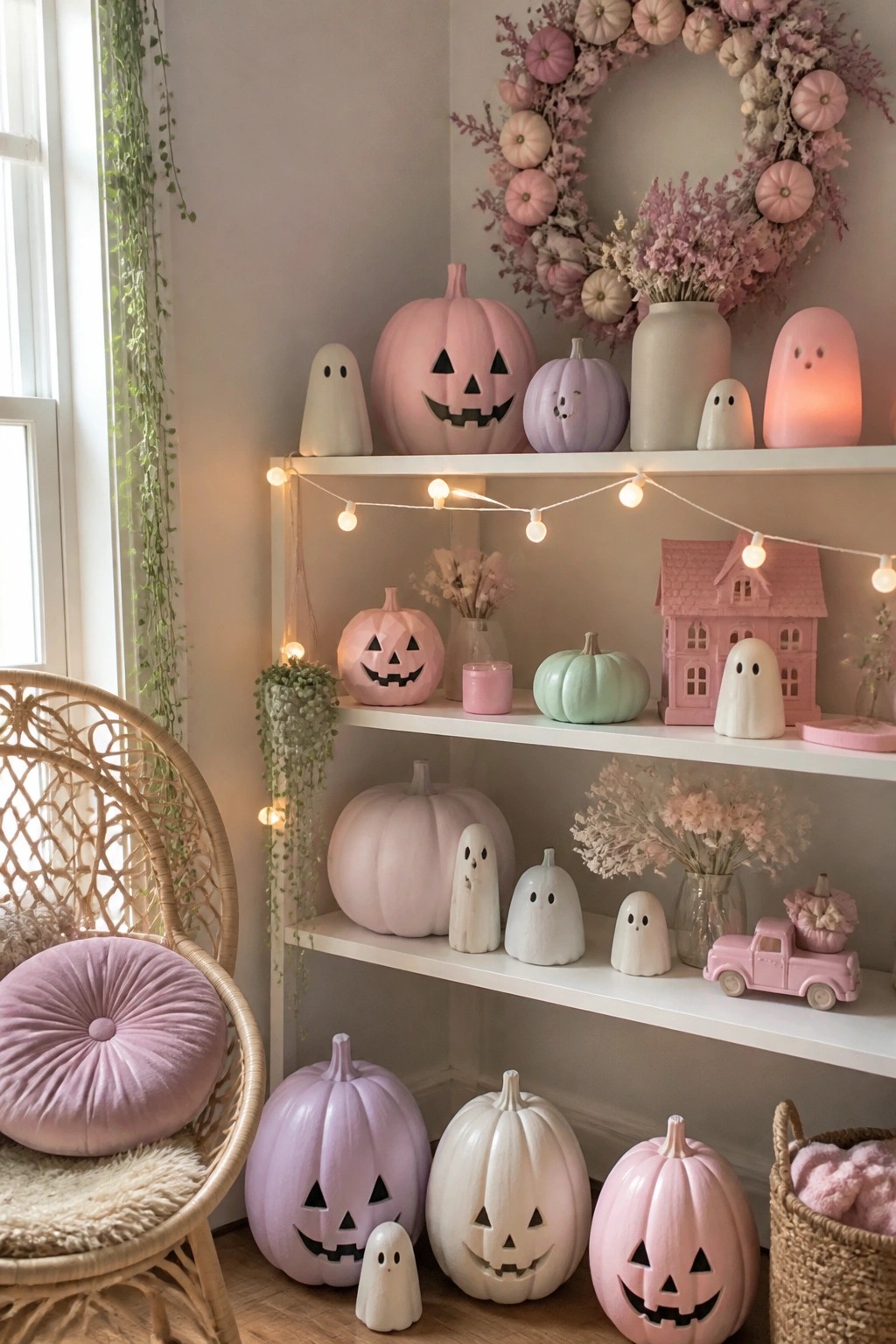 White shelves filled with pastel pink, purple, and white jack-o-lanterns and ghost figures accented by string lights.